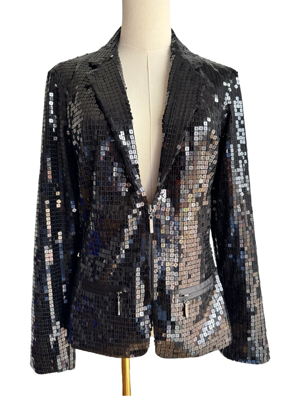 Bebe Sequin Blazer Jacket Black Mesh Overlay Satin Fitted Zip Party Y2K Size 6